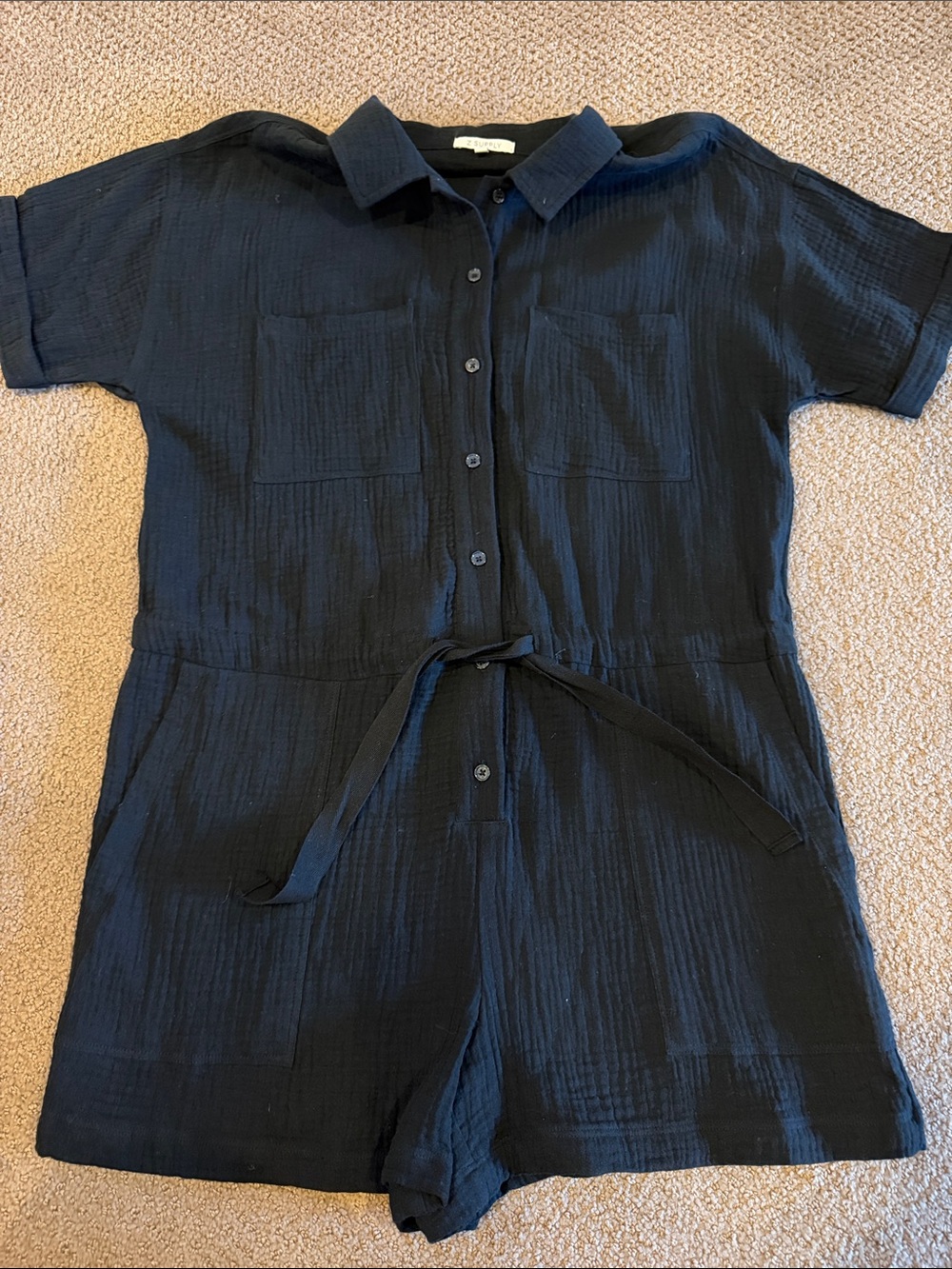 Z Supply Black Button Front Romper Collared Tie Waist Size Small